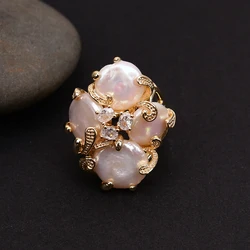 GG Big Natural White Keshi Coin Pearl Paved Clear Crystal Gold Plated Rings Adjustable Ring Gifts For Lady