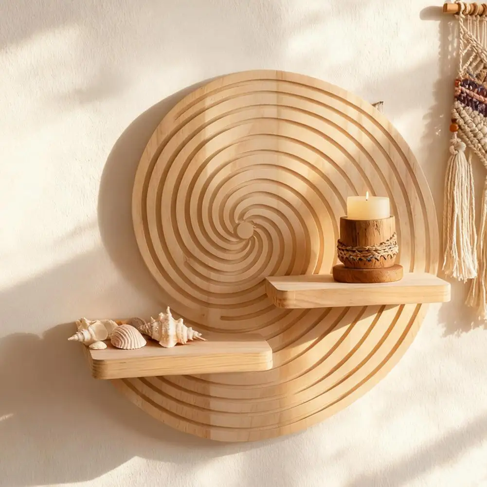 Küsten-Holzwandregal im Boho-Stil, schwebende Wandregale mit zwei Ablagen, muschelförmiger dekorativer Wandorganizer für das Schlafzimmer