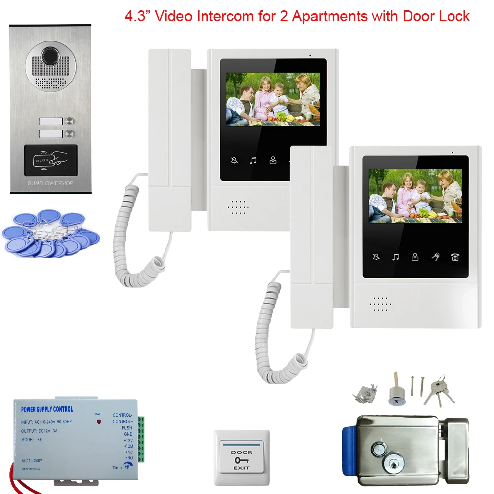 

High Quality Video Door Intercom 4.3" Color Screens Monitors with Camera Call 2 Buttons Video Door Phone Doorbell 2 Apartments