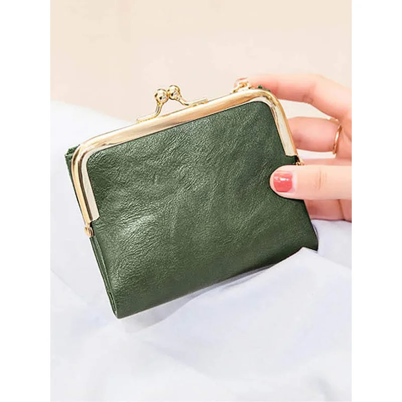 New Clip Women's Zero Wallet Retro Multi Functional Double Fold Leather Wallet with MultiCard Slot Card Bag, Zipper and Kiss Loc