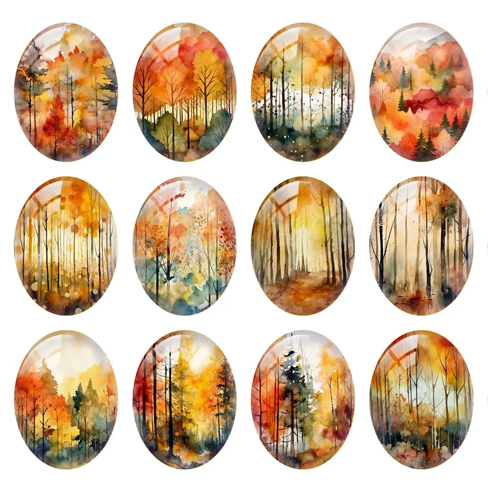 10pcs/lot Oval Photo Glass Cabochon Autumn Fall Forest Flatback Charms Demo Flat Back Cameo For Diy Jewelry Findings Accessories