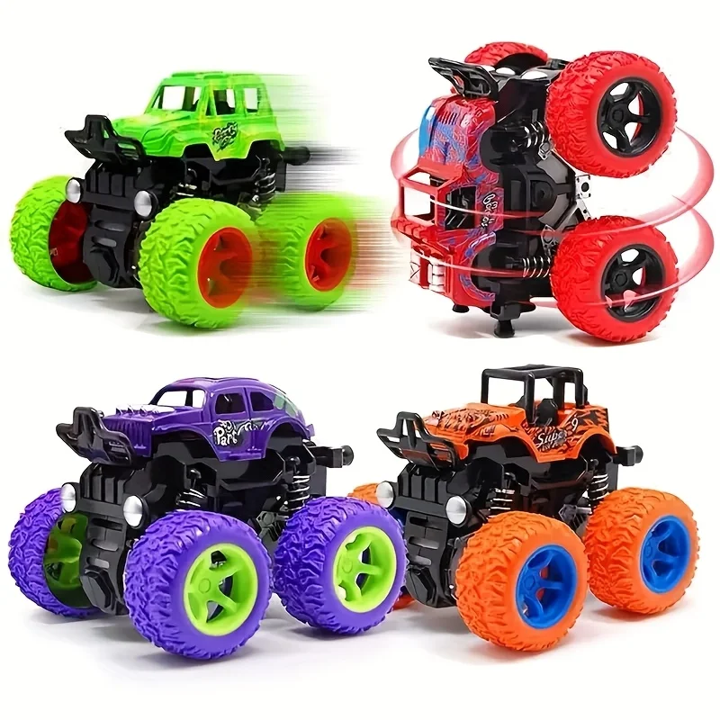 

4 children's friction powered monster trucks with 360 ° rotating front and rear towing kit - the perfect birthday gift