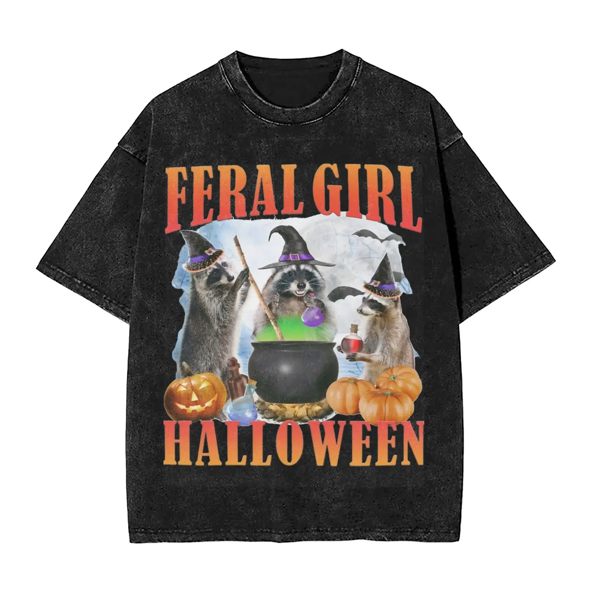 

Men Women Harajuku Washed T-shirts Feral Girl Halloween Funny Halloween Raccoon Meme Print T Shirt Merch Oversize Tee Shirt