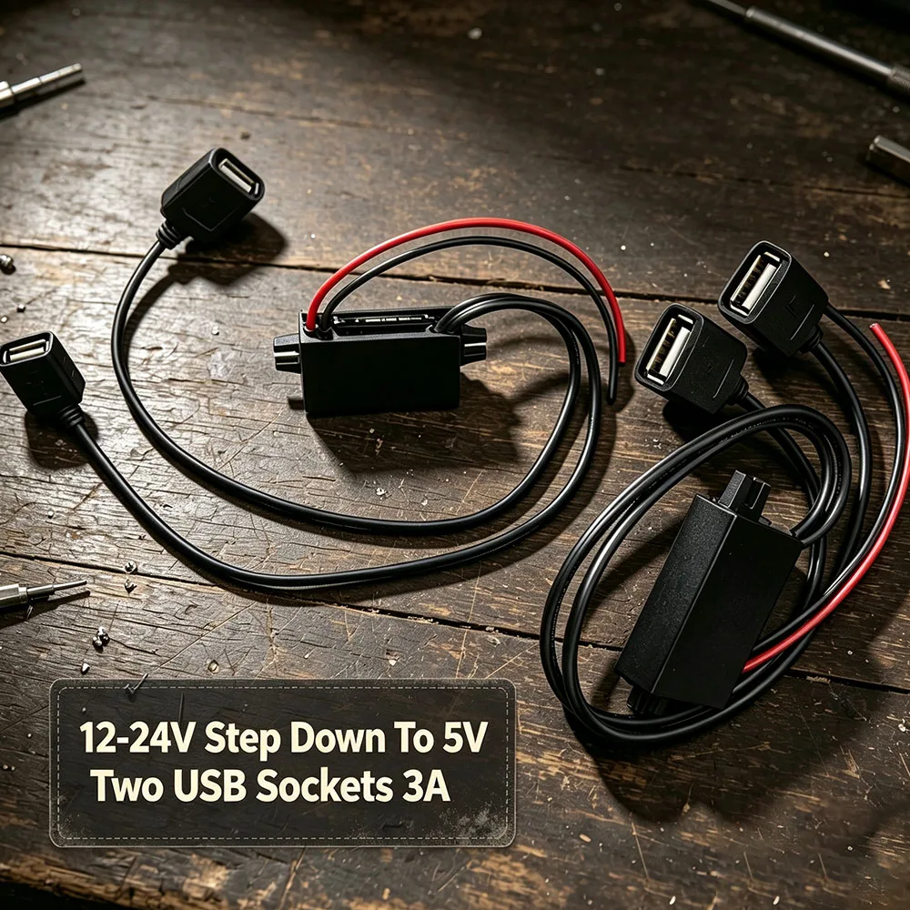 Car Power Cable DC/DC 12-24V Step Down To 5V Two USB Sockets 3A Max Current Buck Voltage Power Adapter For Lighting Equipment