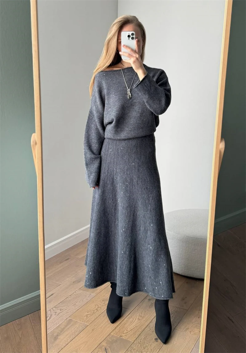 Sexy Soft Elegant Vintage Women Suits 2 Pieces Female Sets Slash Neck Sweater & Midi Dress Bling Knitted Skirts TrackSuit