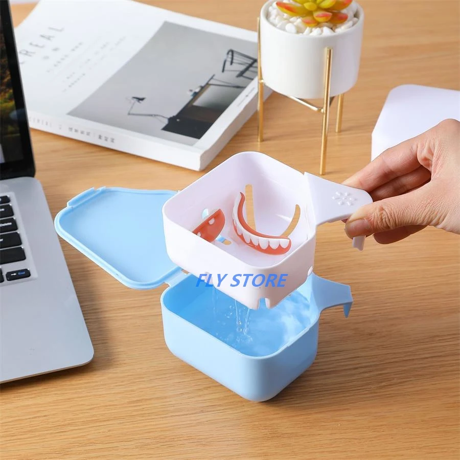 1PC Denture Bath Box Case Tooth Cleaning Container Travel Case with Strainer Dental False Teeth Soaking Cup with Hanging Net