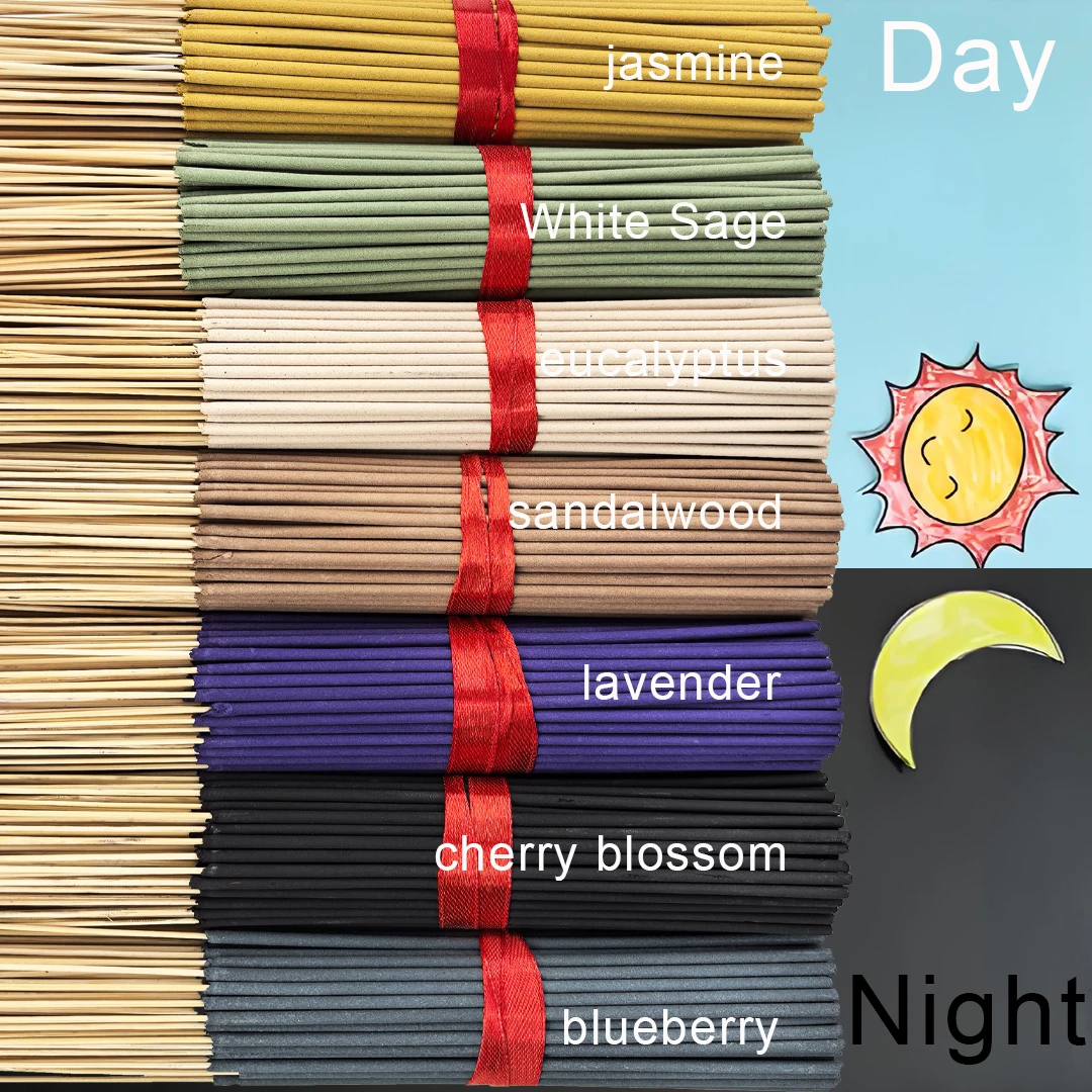 146/356/706/1406 Pieces, 7 Sets of Day and Night Black Combination High-Quality Handmade Bamboo Incense Sticks, Including Jasmine, White Sage, Eucalyptus, Sandalwood, Lavender, Black Cherry Blossom, Blueberry Seven Scents, Suitable for Home Feng Shui, Yoga, Reading, Bedroom, Office, Camping, Gatherings, and Feng Shui Use, Long-Lasting Incense Sticks