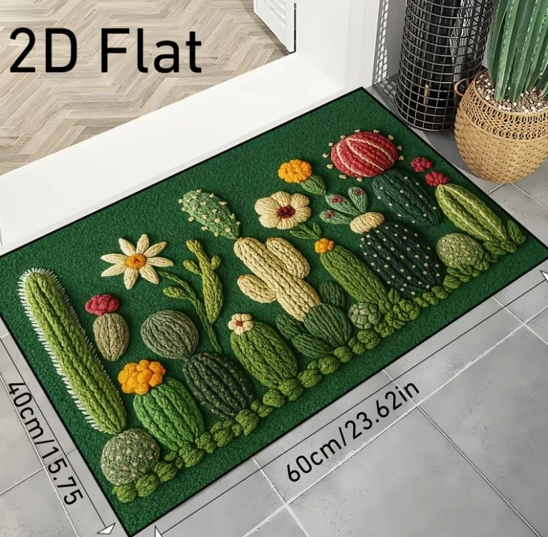 Alfombra de Entrada con Bordado de Flores de Cactus - Alfombra Verde con Diseño Floral de Cactus para la Entrada del Hogar, Alfombra de Cocina, Decoración del Hogar