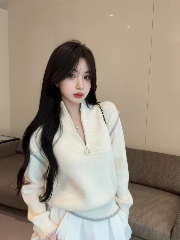 

Ретро-свитер в гонконгском стиле, утепленный, с высоким воротником-стойкой на молнии до середины, вязаная верхняя одежда, базовый топ для повседневной носки