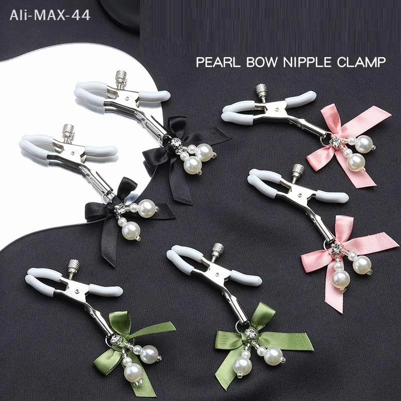 Pink Adjustable Metal Nipple Clamps with Soft Non-Slip Pads Bow Pearl Rhinestone Decor for Couples Intimate Bedroom Play view 2