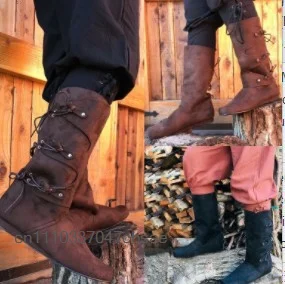 Vintage Medieval Pirate Boot Men's Flat Bottomed Knight Boots Faux Leather Cosplay Renaissance Festival Role Play Costume Shoes