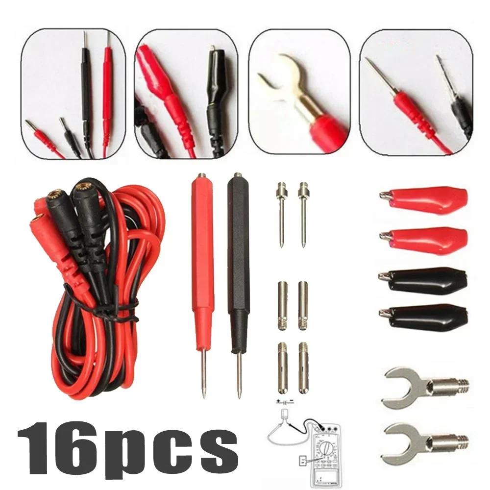 16 In 1 Digital Multimeter Probe Tips Wire Cable Test Leads &Alligator Clips Kit