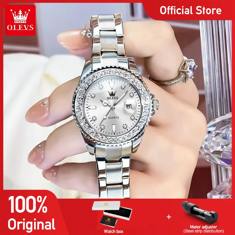

OLEVS 9945 Womens Watch Original Quartz Watch Diamond Bezel Waterproof Stainless Steel Date Ladies Watch Bracelet Set Box Gifts