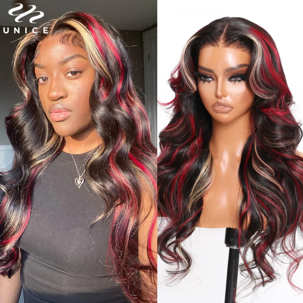 UNice Hair Mini Knots 7x5 Pre Cut Lace Closure Wig Human Hair Red Blonde Highlight Loose Wave Glueless Wig Ready To Wear 150%