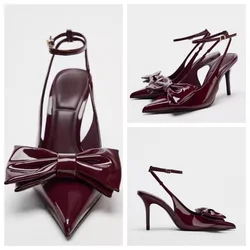 TRAF Woman Wine Red Bow Ankle Strap Stilettos Sexy Pointed Shallow Mouth Slingbacks Heels Sandals 2024 Elegant Woman Heeled Shoe