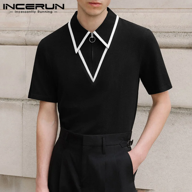 INCERUN Men\'s Shirt Patchwork Lapel Short Sleeve Zipper Casual Male Shirts Streetwear Summer 2024 Fashion Leisure Men Clothing