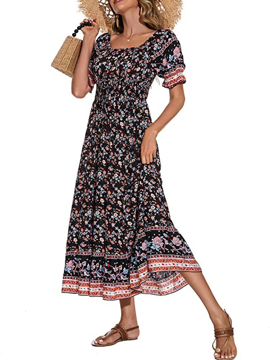 Abito lungo estivo da donna manica corta abito da spiaggia con stampa floreale bohémien abito a trapezio Smocked