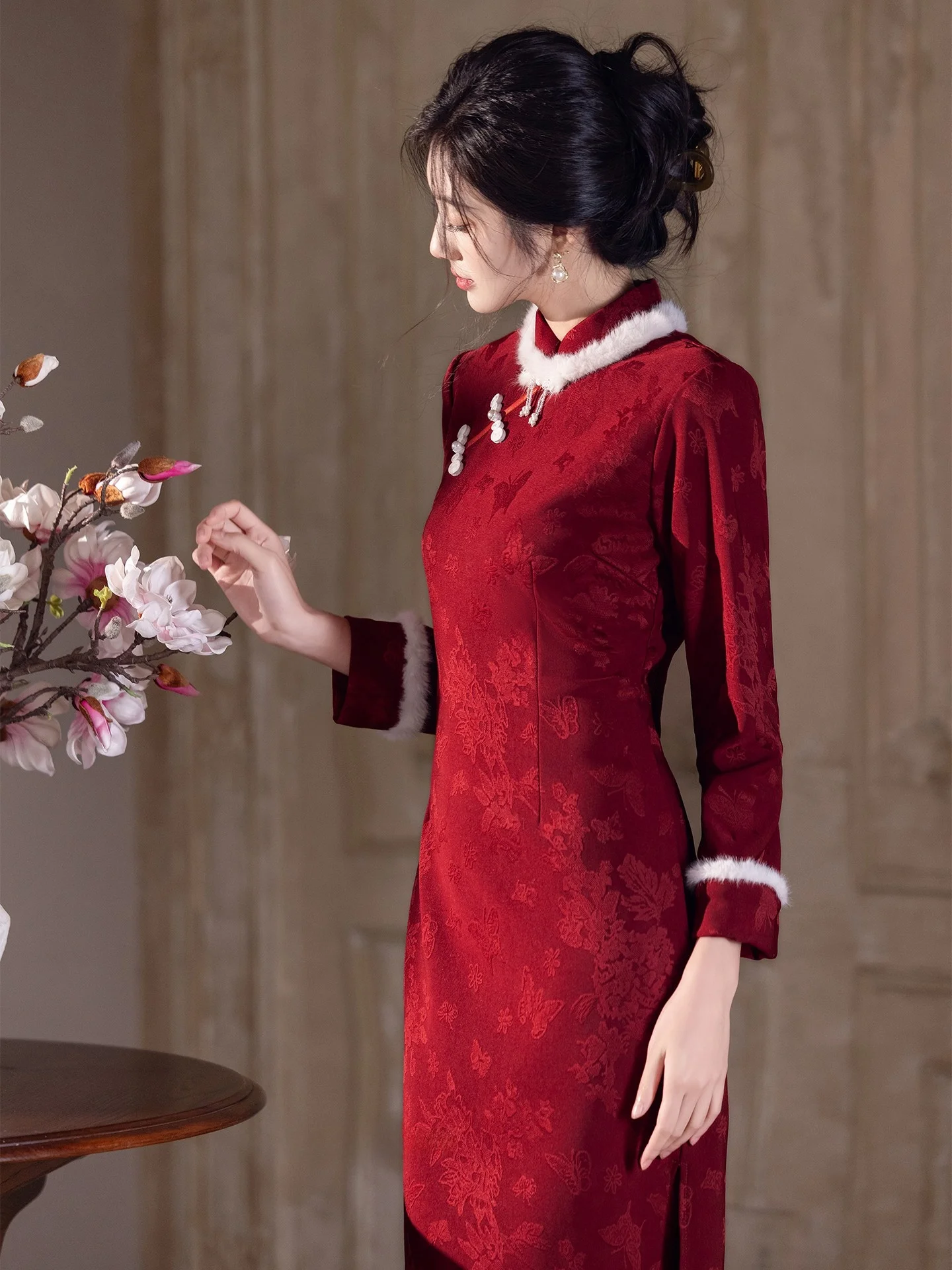New Chinese Sle Long  Fro Coat Wine Red Winter Wedding Engagement Ceremony High Warmth Fce Lined Girls