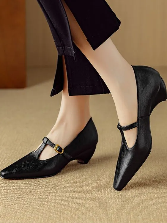

Retro Low Heel Square Head Genuine Leather Mary Jane Shoes Elegant Brown Soft Bottom Single Shoes Fashionable Flats for Women