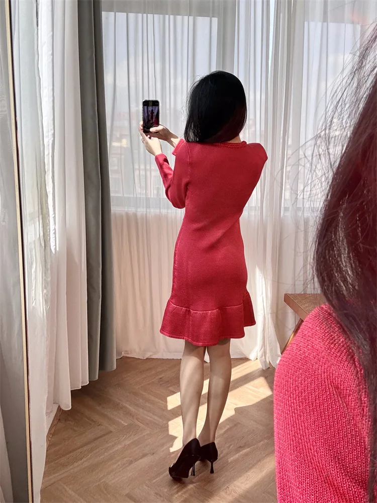 Women's Fish Tail Knit Red Short Dress, Heart Buttons, A-Line, O-Neck, High Street, Elegant Style, Chic, Fashionable, Design