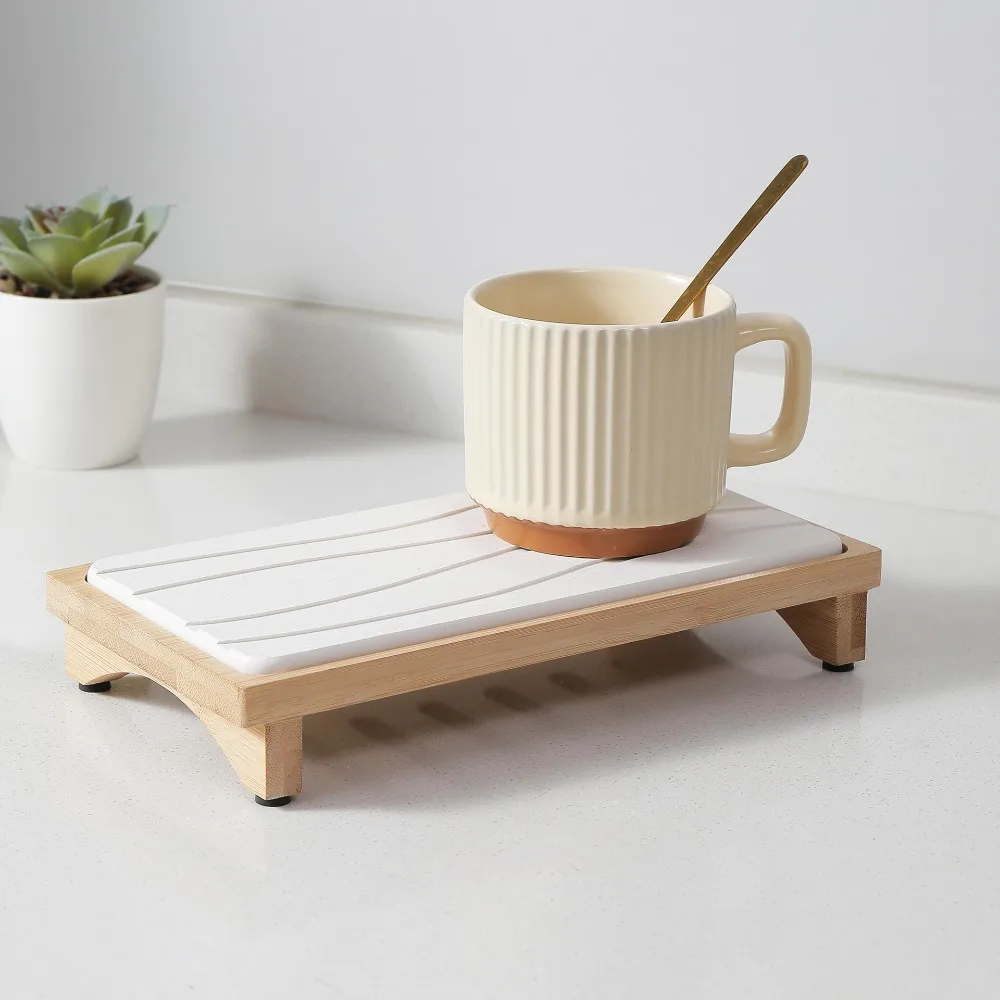 Diatomaceous Earth Water Absorbing Stone Tray Quick Drying Bamboo Rack Counter-top Drain Mat Non Slip Base Molds Resistant