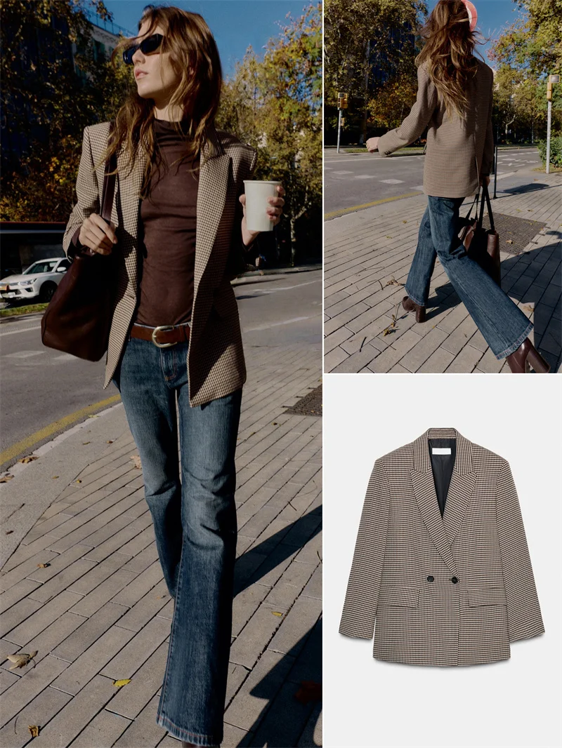 

Winter New Faion Women's Plaid Print Long Sve Turn-down Collar Double-breasted Loose Suit Jaet Casual Sle