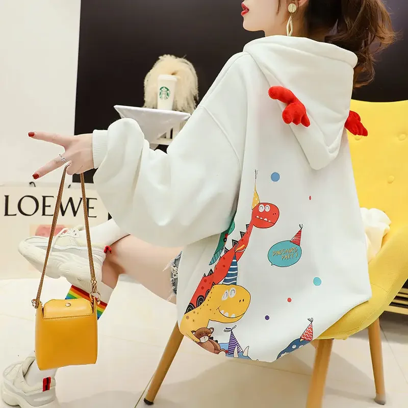 Cute Casual Dinosaur Hooded Pullover Women Spring Harajuku Black High Street Pink Hoodies Kawaii Fall Sweatshirt Tops Loose Girl