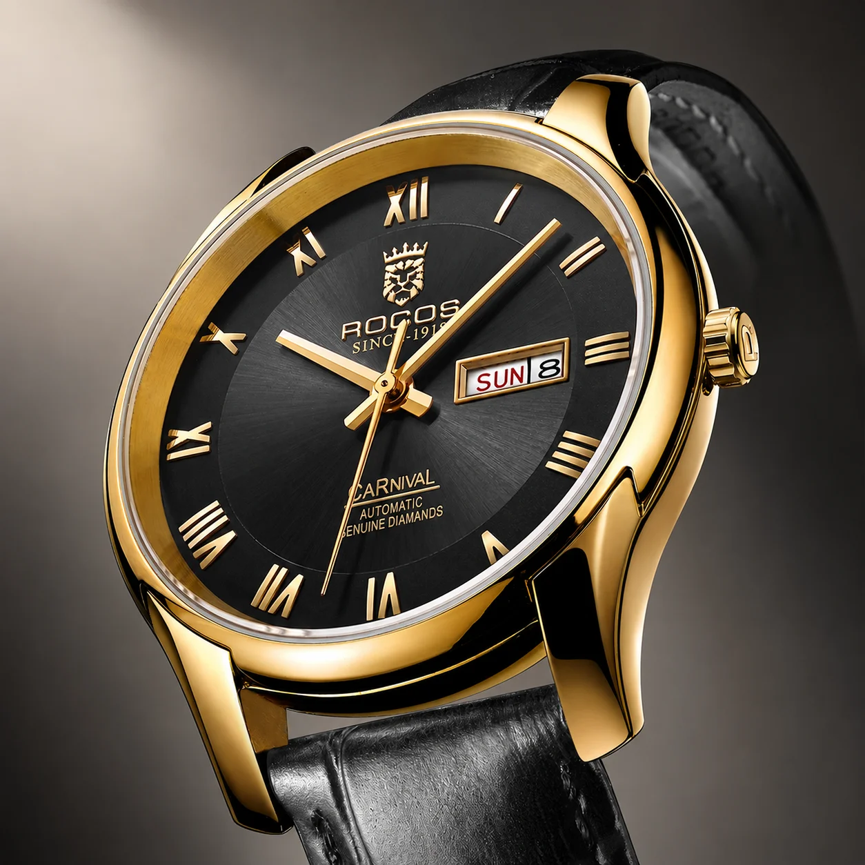 ROCOS New Men's Mechanical Watch: Stylish Black and Gold Business Watch with Roman Numerals, Automatic Movement,Day Date Display