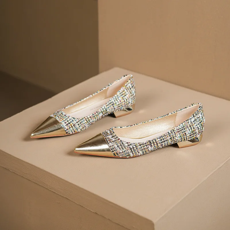 

New Women's Shoes Exquisite Metal Pointed Tip Low Heels for Woman Fashion French Style Casual Shoes Designer Shoes Zapatos Mujer