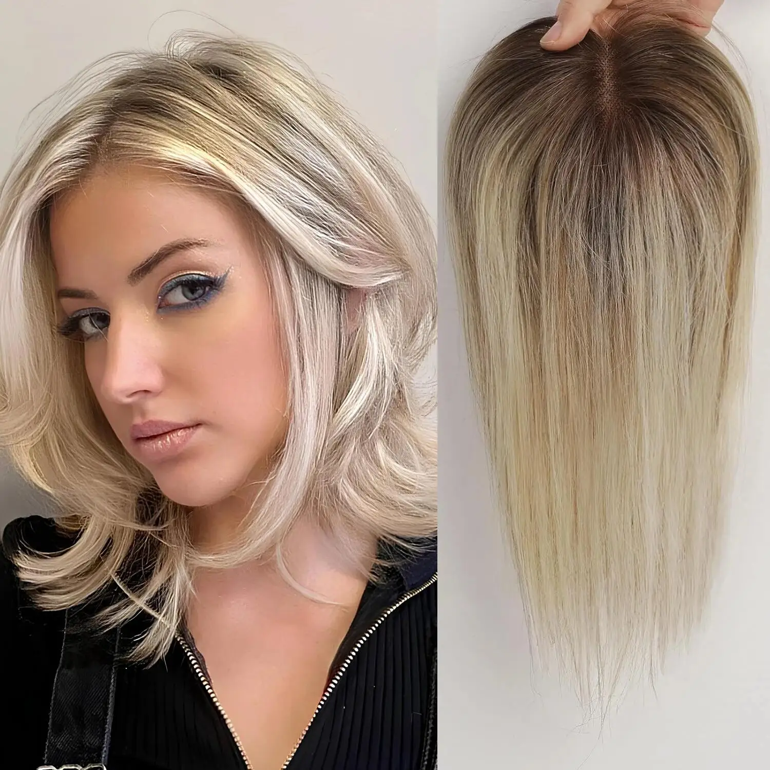 Perruque en Cheveux Naturels Blonds Ombré pour Femme, Postiche Remy Respirant, Base MONO PU avec Clips, 10 Pouces, 8x13 cm