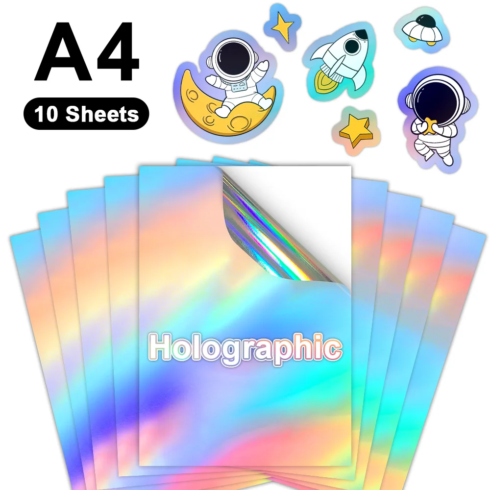 10 hojas de papel adhesivo de vinilo imprimible holográfico A4, papel de copia blanco transparente autoadhesivo, manualidades DIY para impresora de inyección de tinta