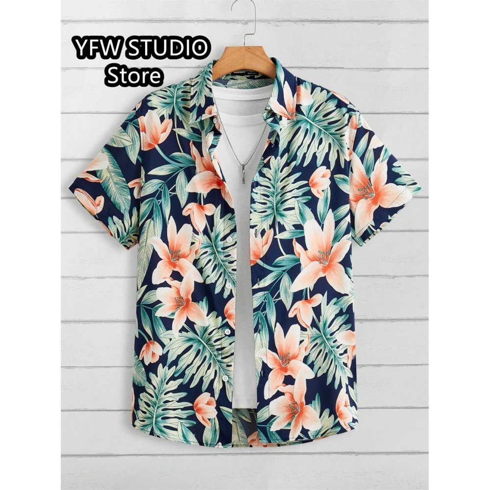

Coconut Tree Fresh Flower Pattern Men's Short-Sleeved Button Lapel Shirt Summer Seaside Beach Vacation Hawaiian Style Shirt