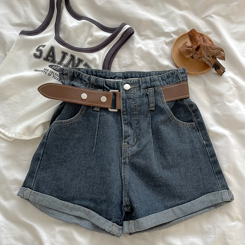 

Loose Vintage Denim Shorts Women's Streetwear All-Match Wide Leg Shorts with Belt 2023 New Female Jean Shorts