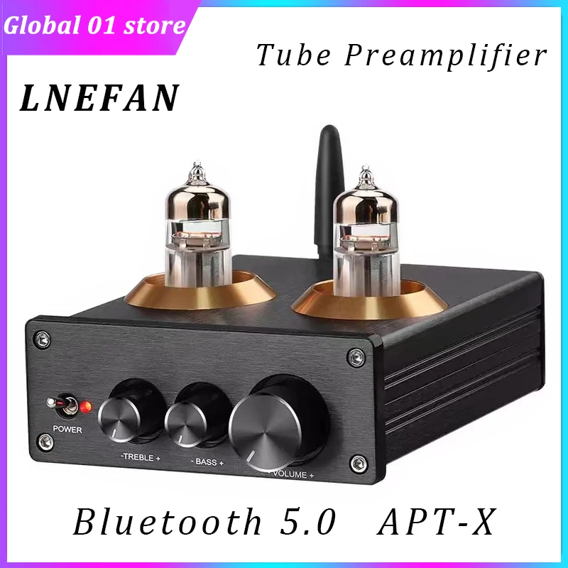 

LNEFAN Vacuum Tube Preamplifier 2.0 HiFi Audio Amplifier Bluetooth 5.0 QCC3008 APTX Mini Pre AMP Treble Bass Control RCA Output