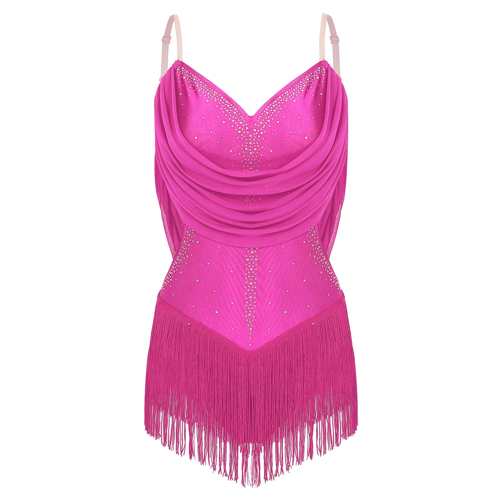 

Women Latin Samba Rumba Dance Dress Glittery Rhinestones Jazz Dance Performance Costume Ruched Mesh Drapes Tassel Bodysuits