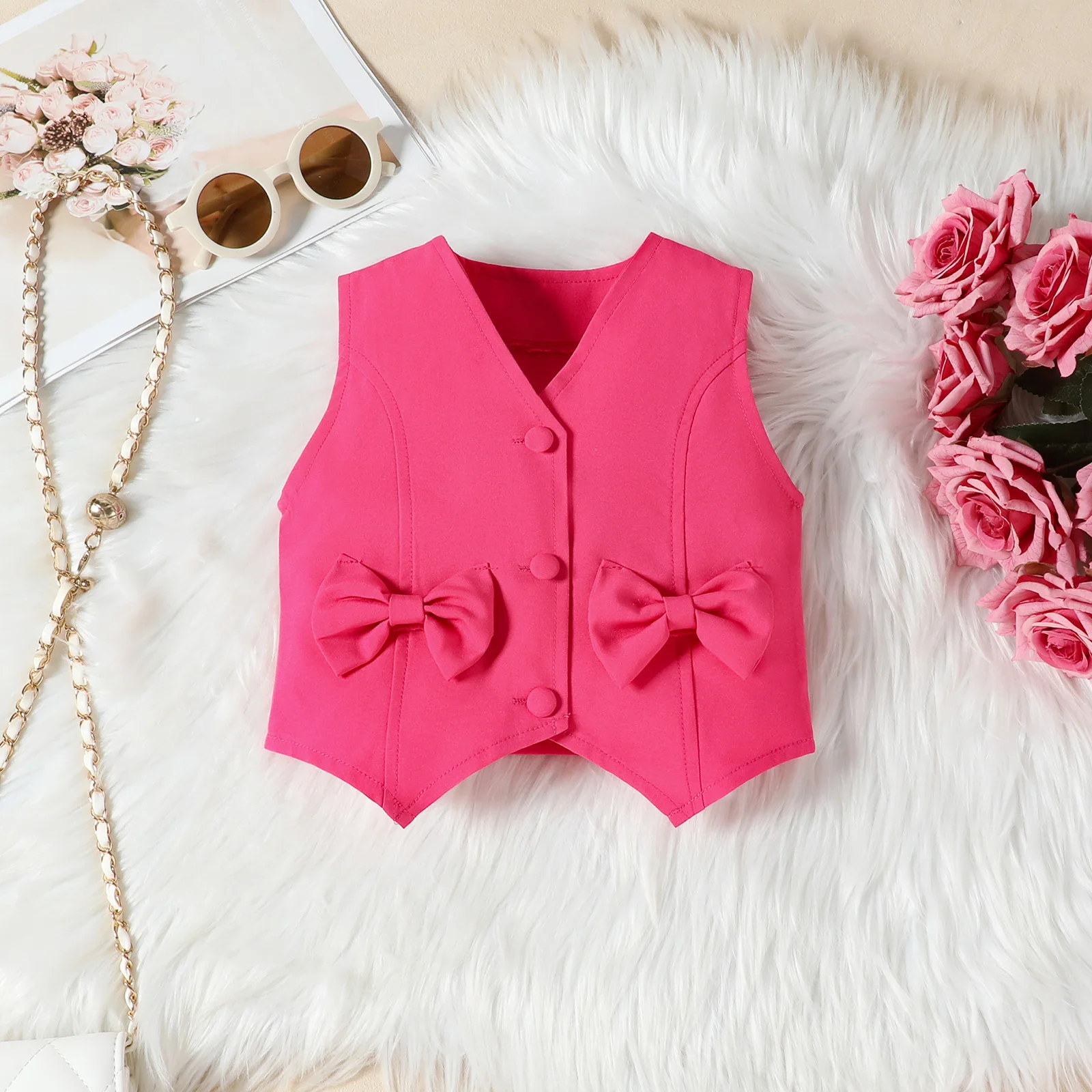 1-6Y طفل صغير الفتيات وتتسابق الصلبة الانحناء زر حتى الخامس الرقبة بلوزات بلا اكمام البسيطة مطوي تنورة حزام 3 قطعة مجموعات الأطفال #5