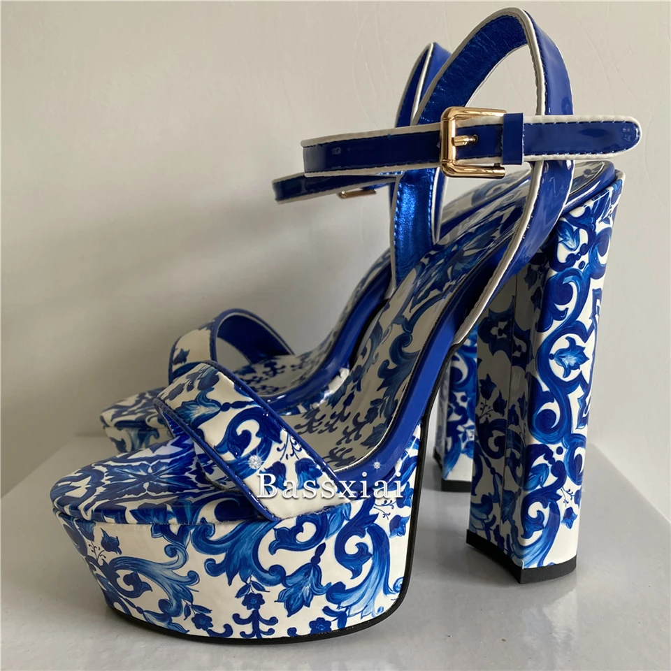 Luxury Print Flower Ankle Strap Sandals Women Patent Leather Chunky Heel High Platform Modern Summer Shoes For Girls