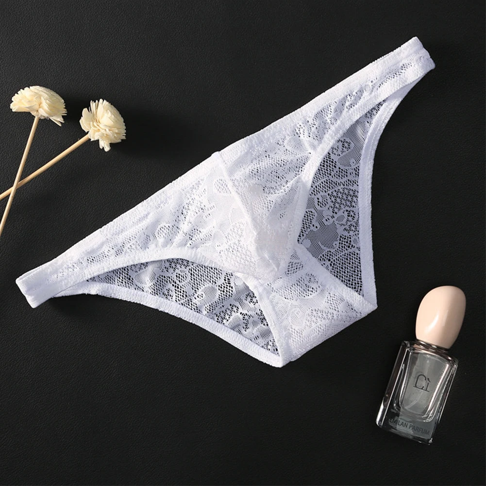 Men\'s Seamless Thong Lace Briefs Underwear Transparent Panties Low Rise G-String See Through Breathable Bulge Pouch Underpants