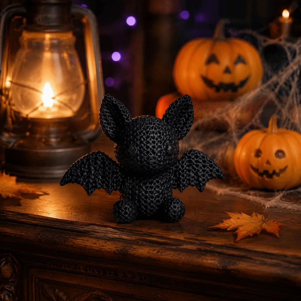 3D Printed Mini Knitted Texture Bat Figurine Gothic Crochet-Style Bat Desktop Ornament Plastic Aesthetic Dark-Style Bat Statue