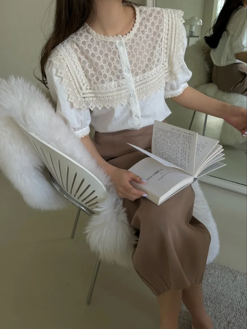 Chic Patchwork in pizzo Bubble Sve irt Top da donna ampio scavato rotondo Ne con gancio dimagrante Fiore dolce e versatile
