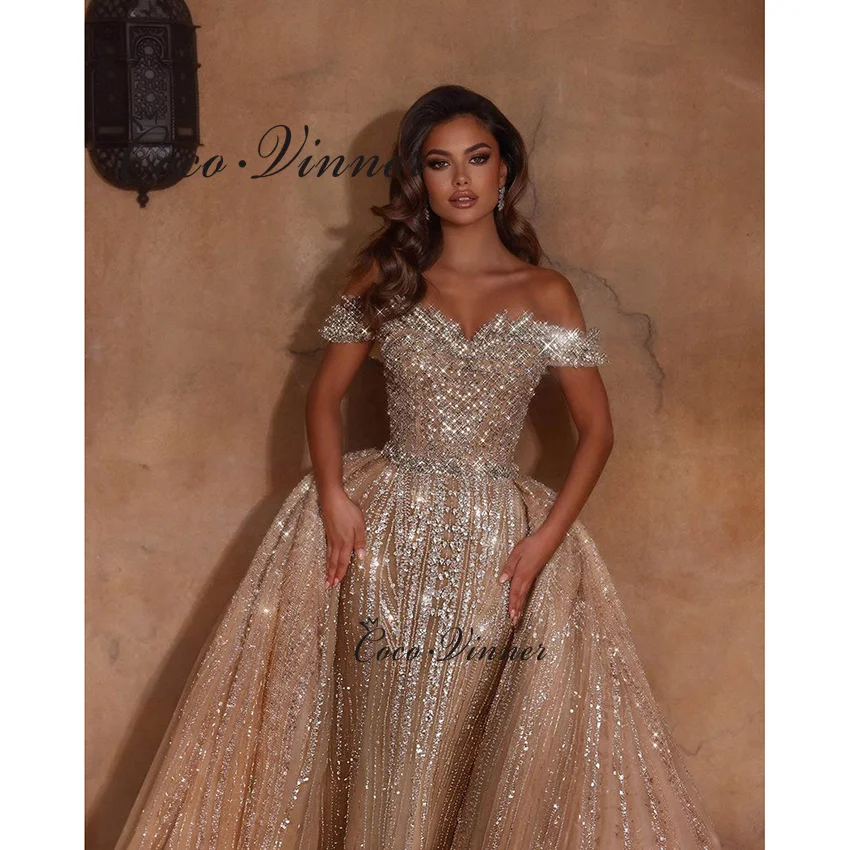 

Роскошное свадебное платье Дубая 2 в 1, новинка 2026, кружевное свадебное платье русалки с открытыми плечами и блестками, со съемным шлейфом W1439