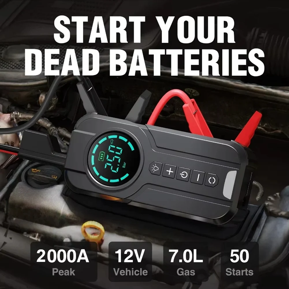 Bomba de ar de partida de emergência para carro, compressor de ar 150psi, 2000a, banco de potência de partida de emergência, iluminação, equipamento de partida de bateria