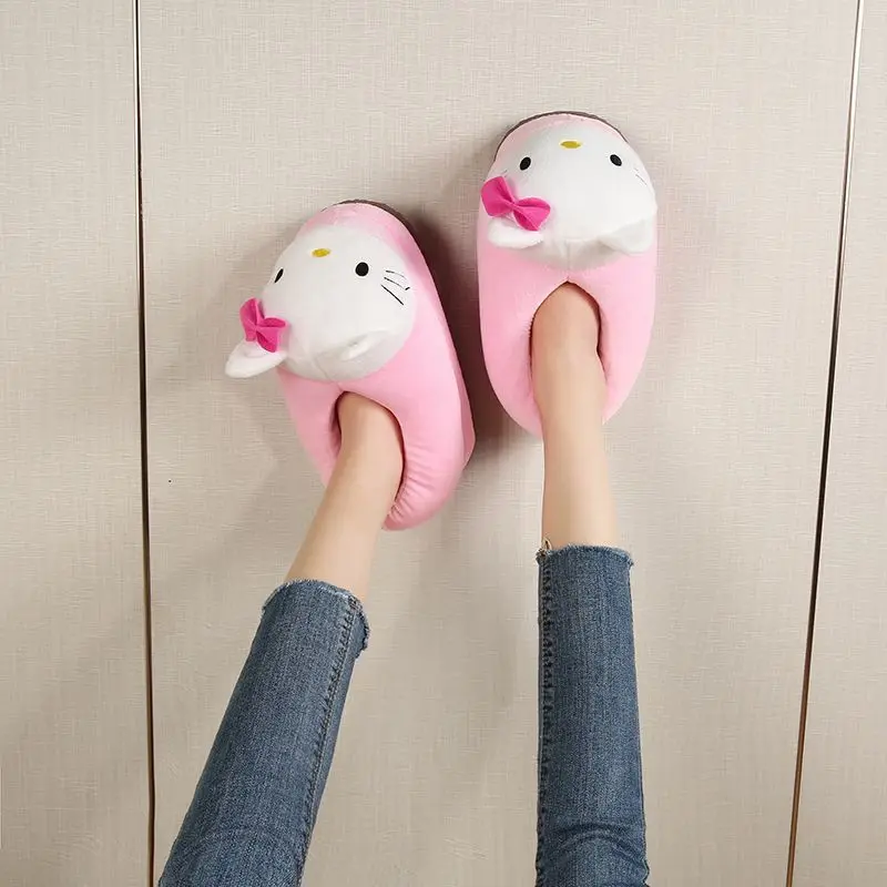 

Y2K Hello Kitty Women Plush Cotton Shoes Big Head Slippers Sanrio Kawaii Anime Flat Shoes Winter Warm Thickened Cute Student