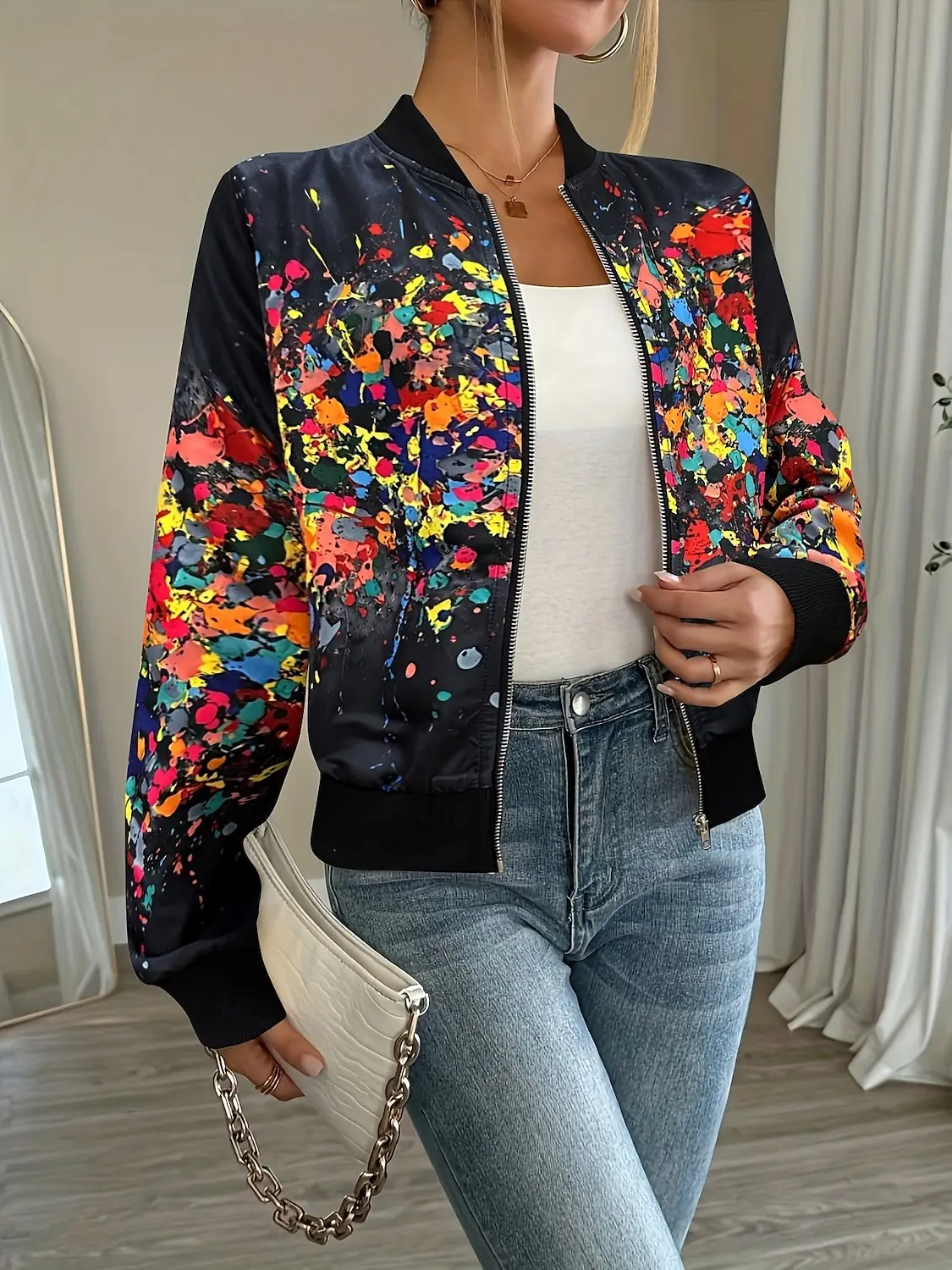 fashion Women's Floral Baseball Jacket, Quick Dry  Fabric, Zipper Pocket Design, Elegant Fall Casual Style