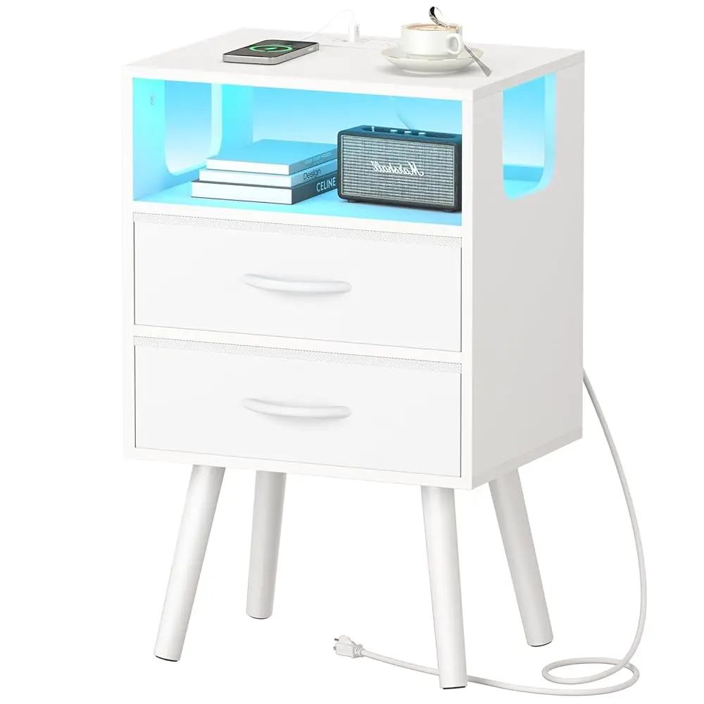 

Led Night Stand With Charger Station, Mid Modern Nightstand With Fabric Drawers, Bedside Table Nightstands With Storage Shelf,