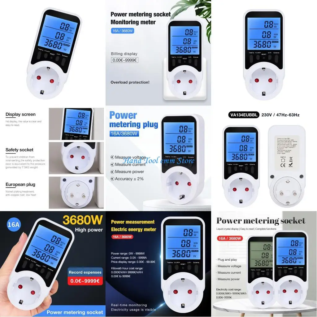 

H37F Plugs In Socket Watt Meter Backlits Display Overloads Protections Energy Monitor