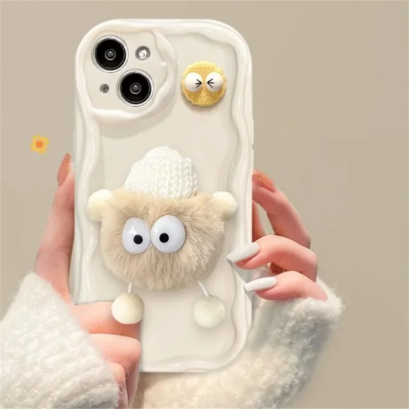 Korean Cute 3D Fluffy Briquettes Phone Case For iphone 16 15 14 13 12 11 Pro MAX Plus Girl Wavy Soft Plush Cover