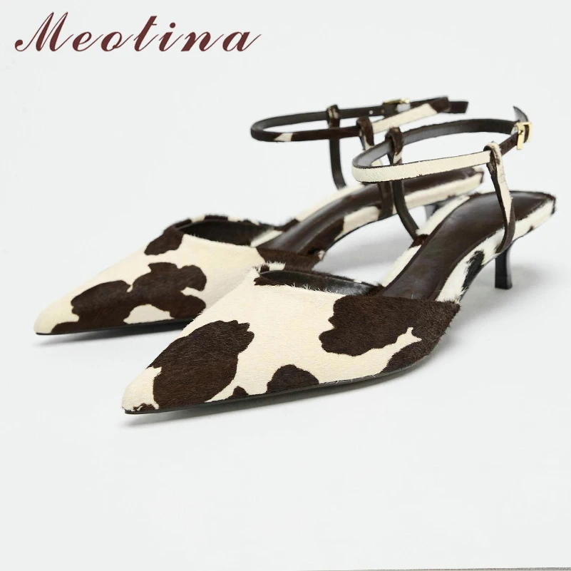 

Meotina Women Genuine Leather Pumps Pointed Toe Thin Mid Heels Horsehair Buckle Mixed Colors Ladies Fashion Shoes Spring Autumn