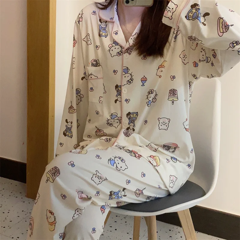 Hello Kitty autumn new pajamas loungewear casual breathable cartoon two-piece set women's pajamas Sanrio silk pajamas women's