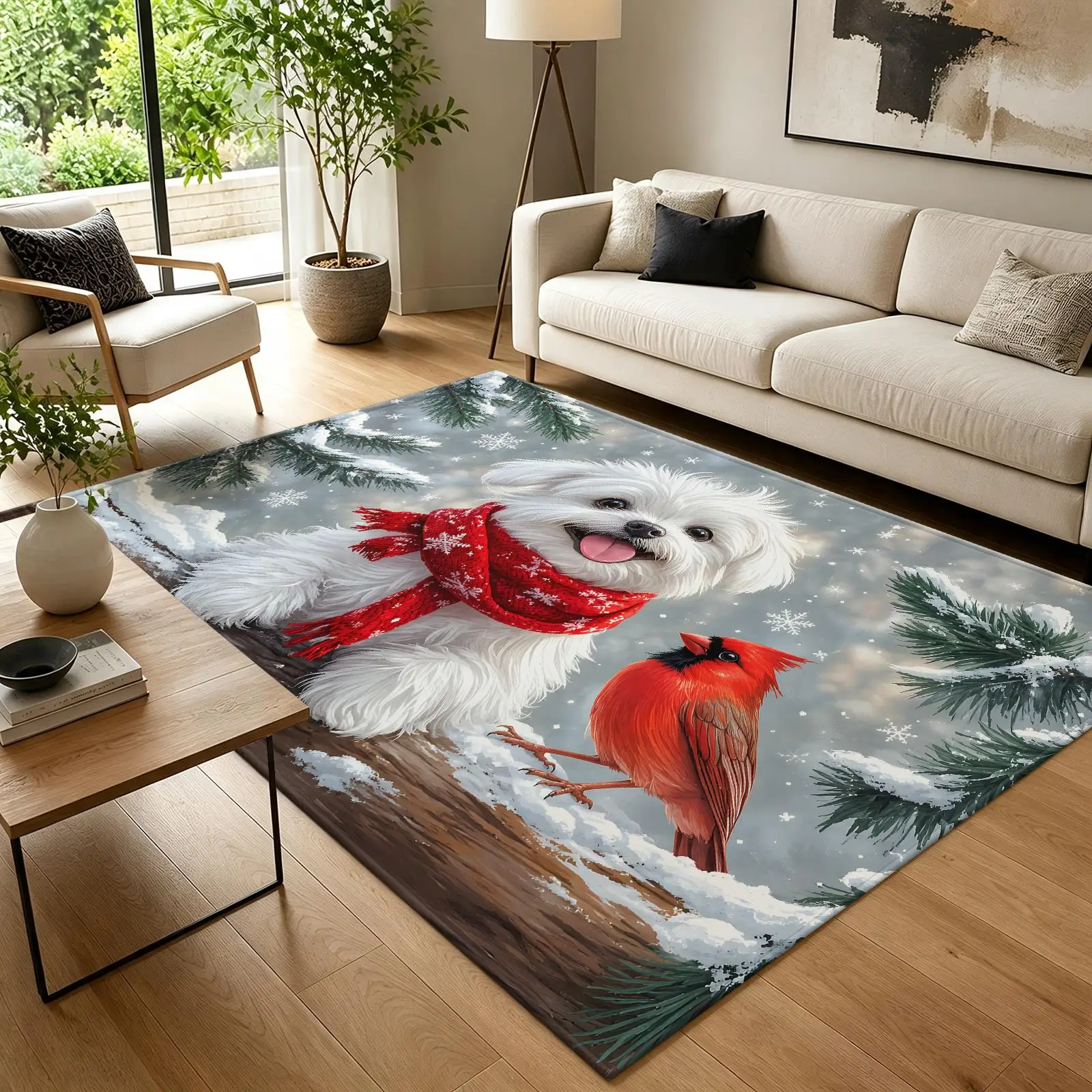 1pc 2D Flat Christmas Puppy Cardinal Bird Snow Scene Printed Floor Mat, Decorative Rug for Living Room, Bedroom, Home